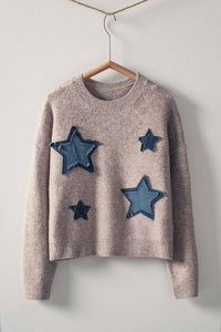 Urban Daizy - Women's Denim Star Patch Cropped Knit Sweater