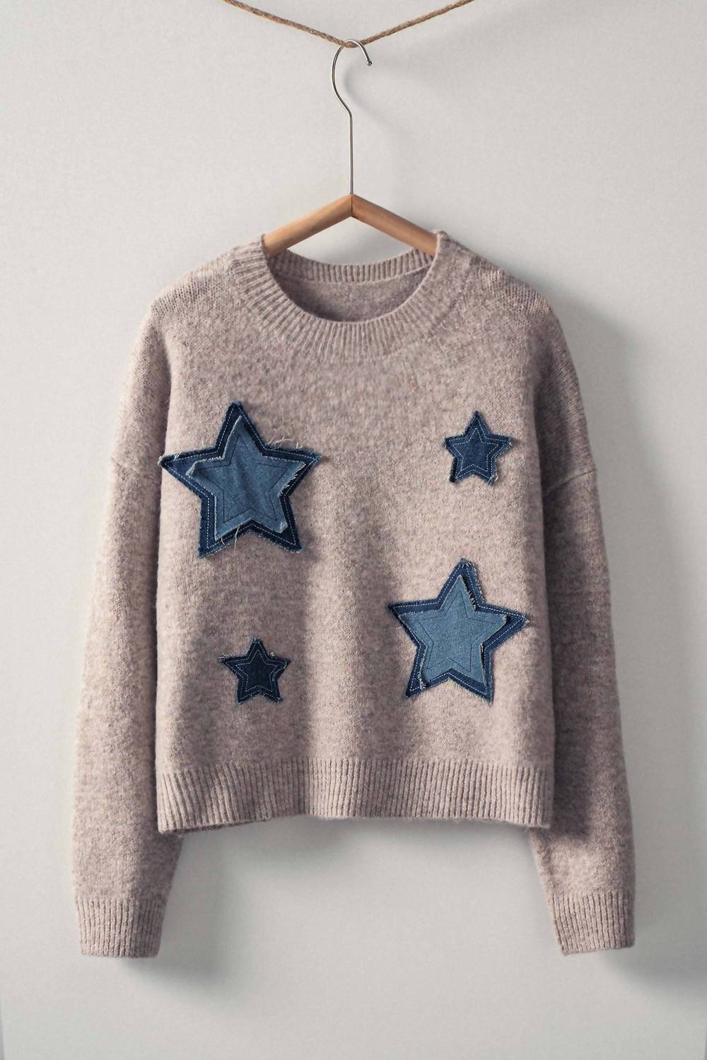 Urban Daizy - Women's Denim Star Patch Cropped Knit Sweater