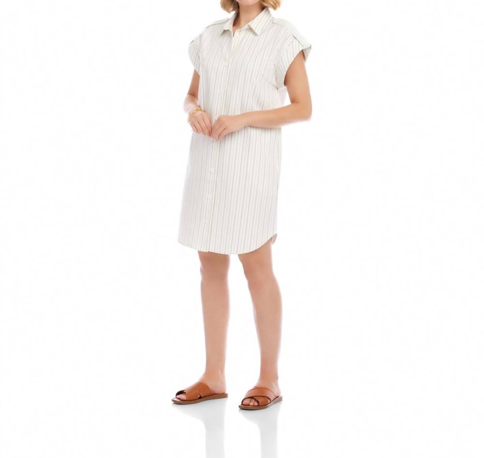 Karen Kane Stripe Cap Sleeve Shirtdress in off white with black - women's dress - detail view