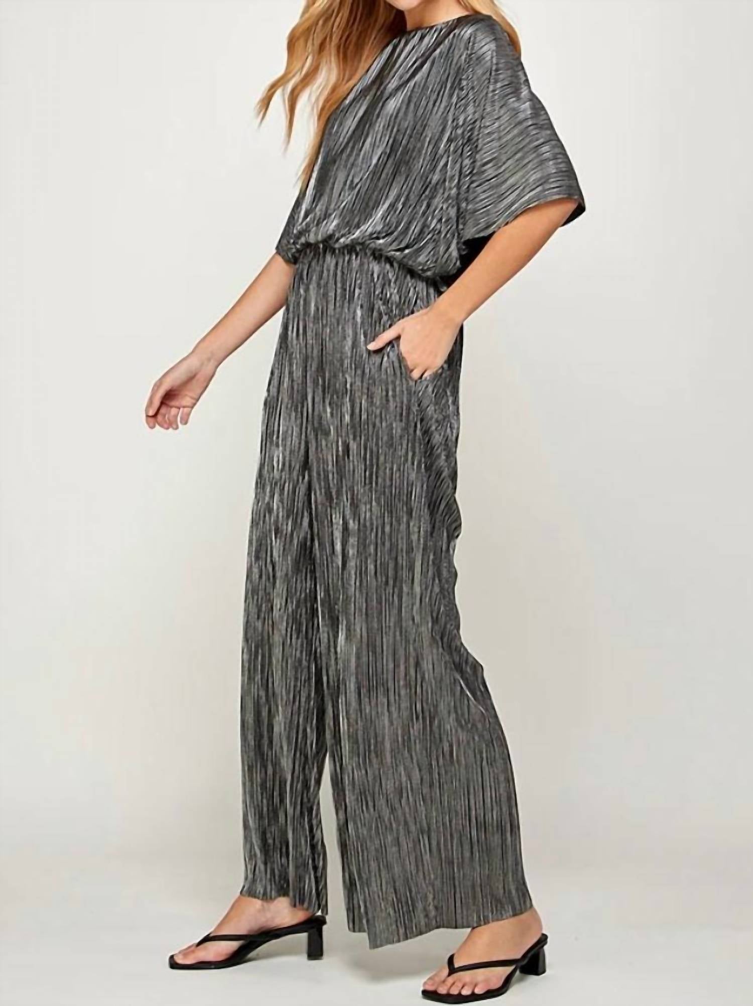 SEE AND BE SEEN Metallic Pleats Jumpsuit in black and silver - women's pants - alternate view