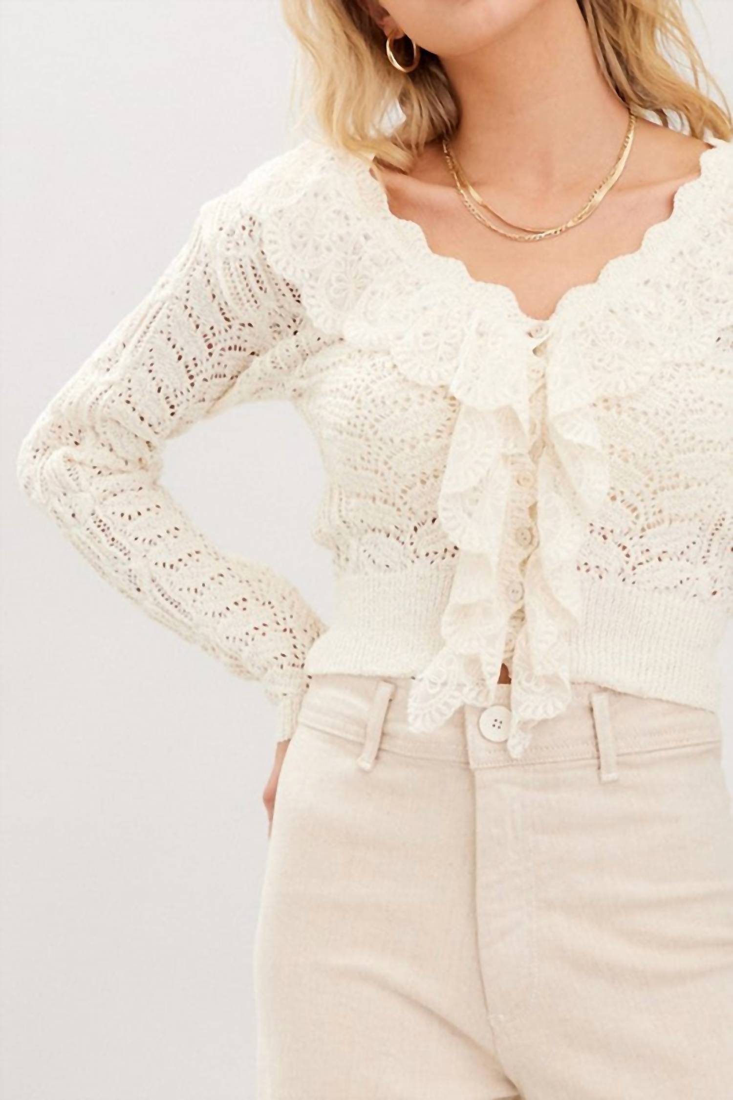 Illa Illa Lace Crochet Knit Top in ivory - women's sweater - detail view