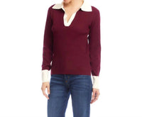 Karen Kane Catrina Contrast Ribbed Polo Sweater in wine and cream - women's sweater - alternate view