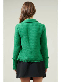 SUGARLIPS Tweed Button Down Blazer in meadow green - women's jacket - detail view