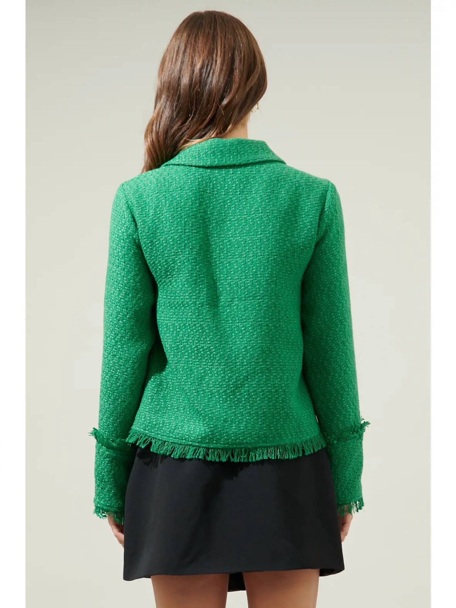 SUGARLIPS Tweed Button Down Blazer in meadow green - women's jacket - detail view