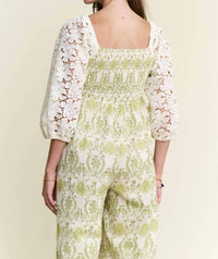 J.NNA Lace Sleeve Smocked Jumpsuit in green - women's pants - detail view