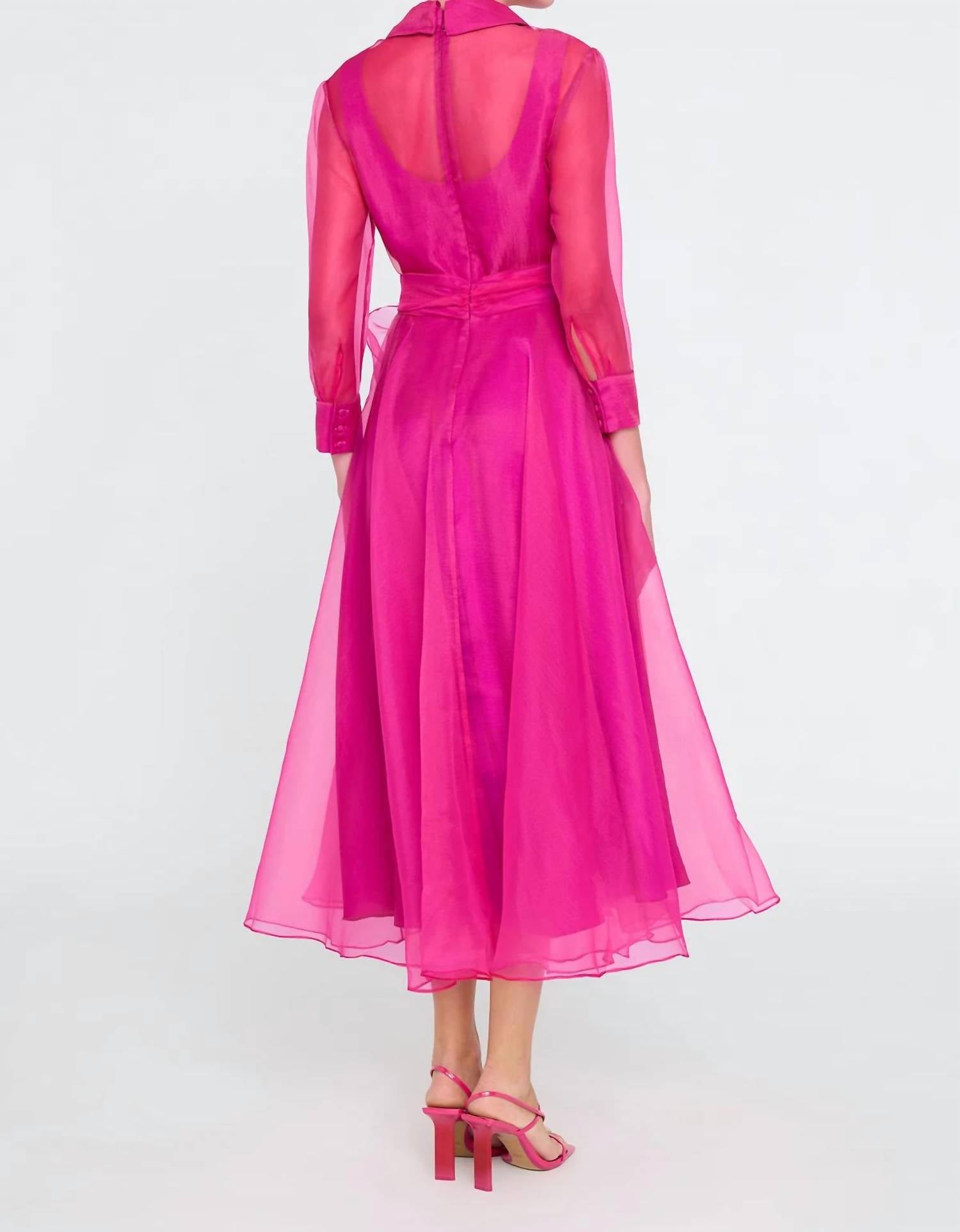 THEIA Starlette Organza Shirt Dress in sunset fuchsia - women's dress - detail view