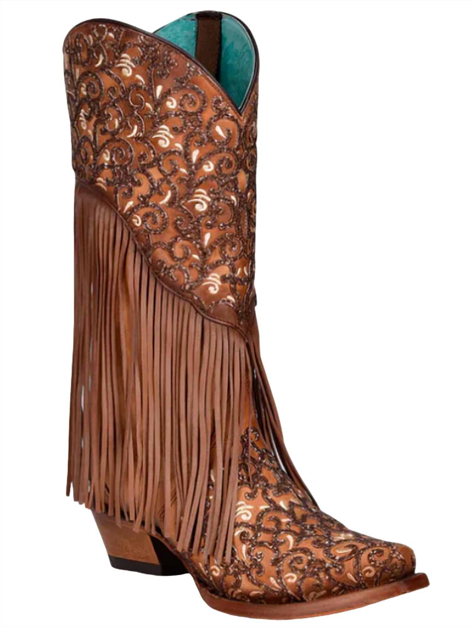 Corral - Women's Overlay White Embroidery Lamb Fringe Snip Toe Cowboy Boot