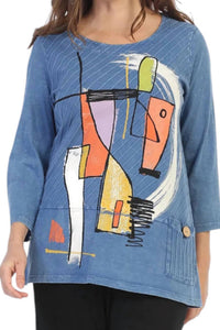 Jess & Jane - Modern Art Mineral Washed Wide Rib Contrast Tunic Top