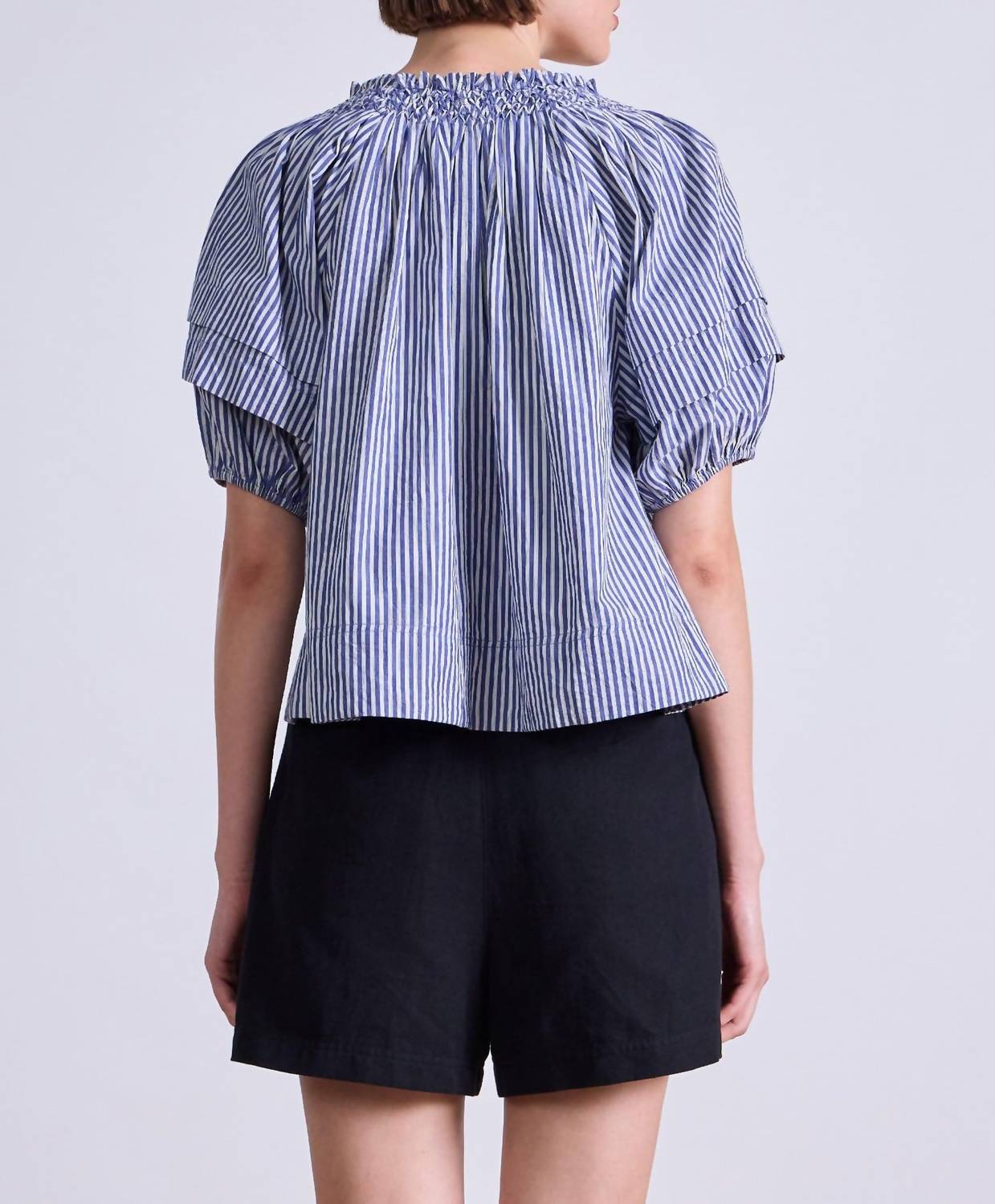 APIECE APART Caminitas Puff Sleeve Top in skinny stripes indigo cream - women's blouse - view 4