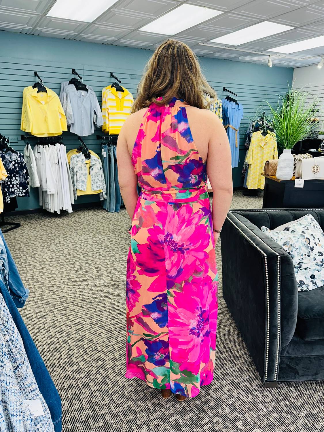 London Times - Halter Maxi Dress With Sash Belt