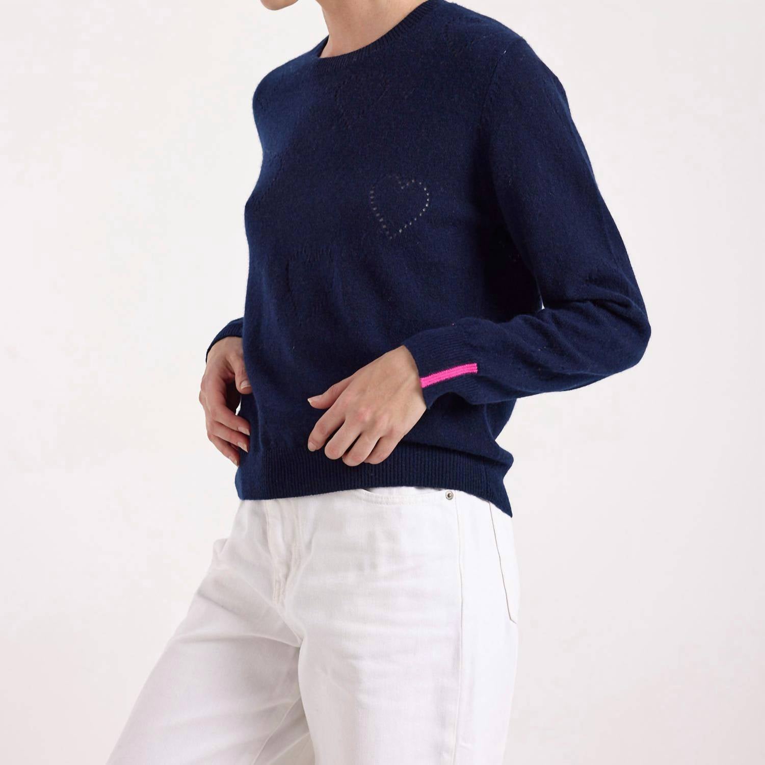 Brodie Cashmere Hilda Heart Pointelle Cashmere Crewneck Jumper in navy - women's sweater - alternate view