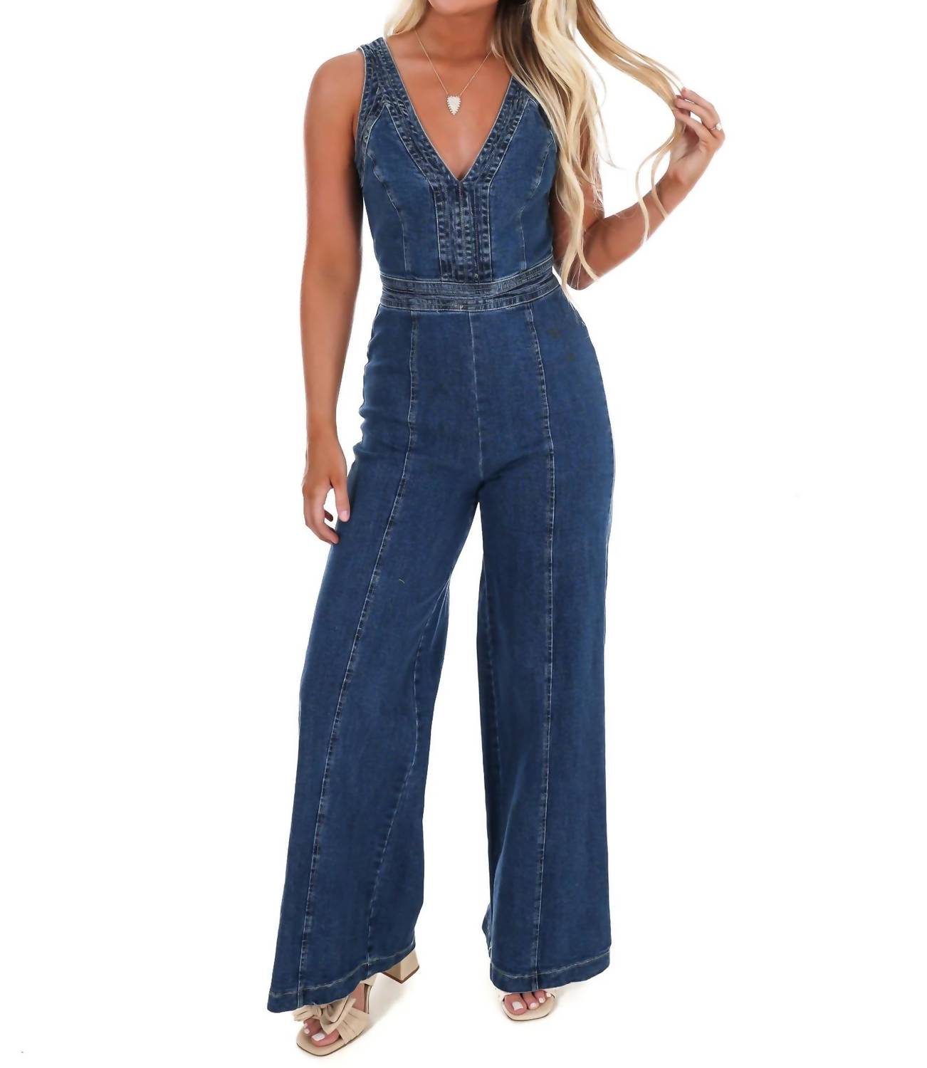 Flying Tomato - Someone Like You V-Neck Denim Jumpsuit