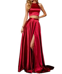 Sherri Hill Silk Charmeuse Two-piece With High Neck Bodice And Slit Skirt in red - women's skirt