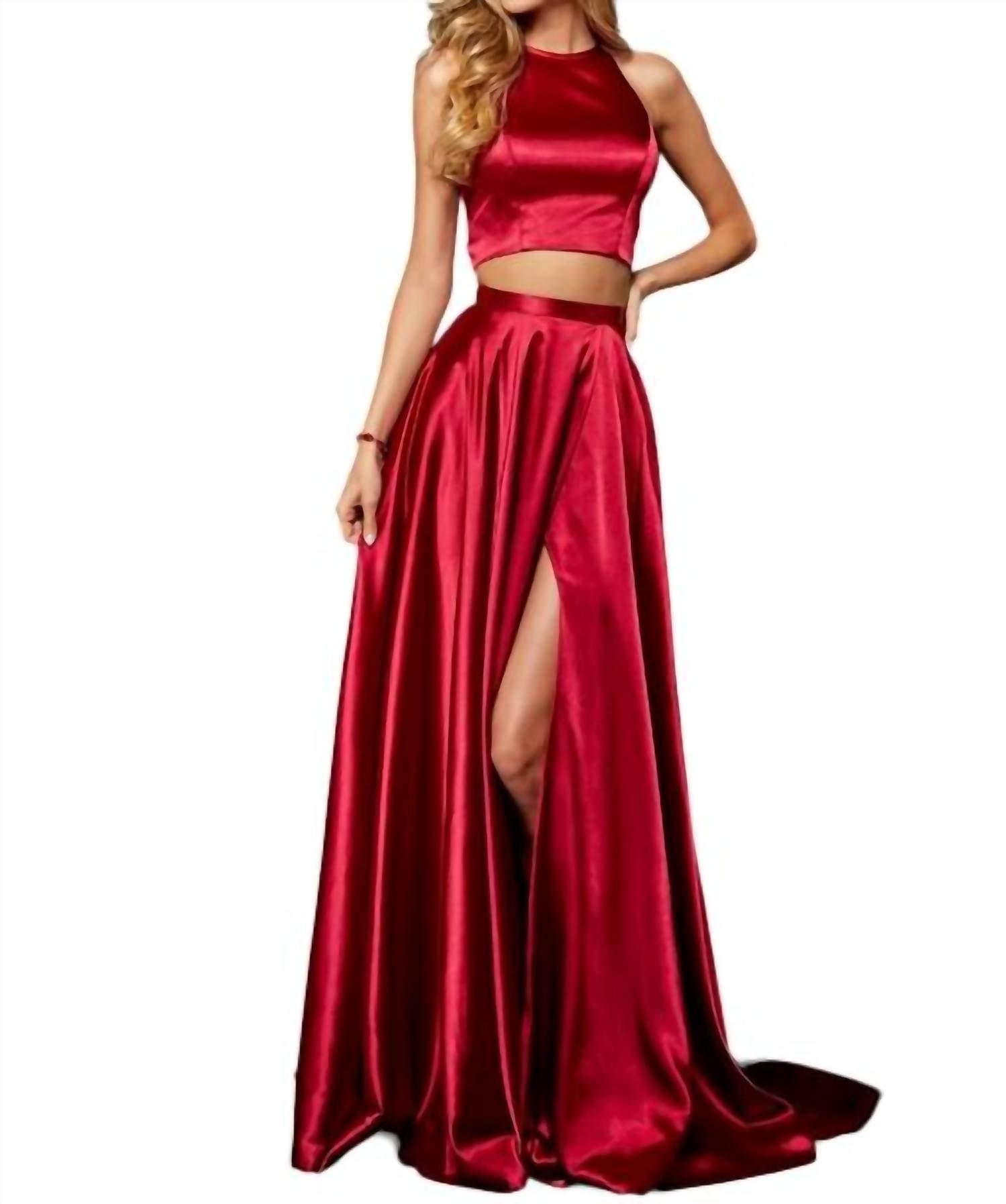 Sherri Hill Silk Charmeuse Two-piece With High Neck Bodice And Slit Skirt in red - women's skirt