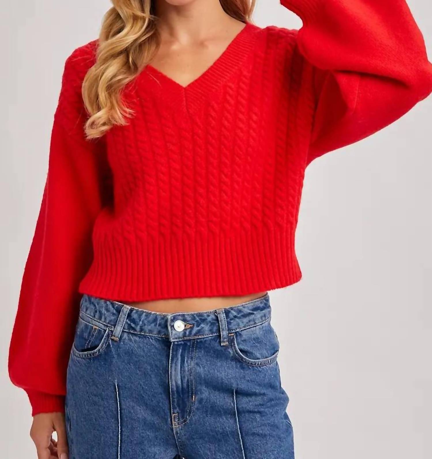 BluIvy Cropped V-Neck Cable Knit Sweater in ruby - women's cardigan