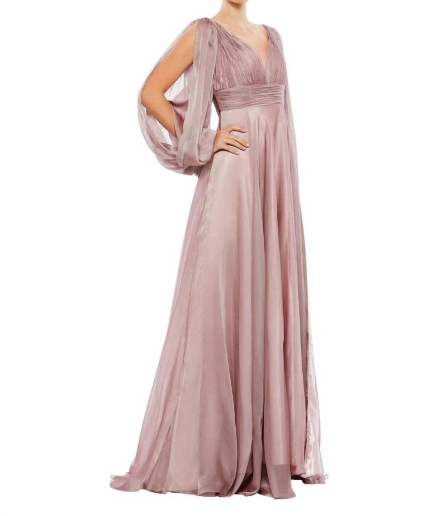 MAC DUGGAL Chiffon Open Sleeve A-line Gown in mocha pink - women's dress