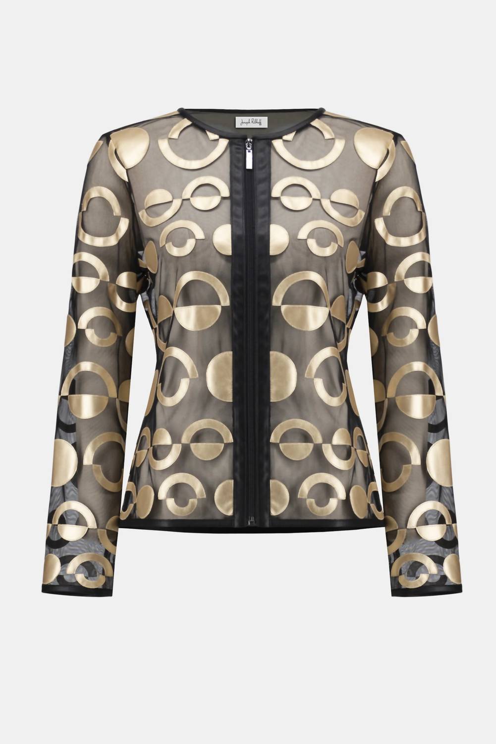 Joseph Ribkoff Mesh and Leatherette Collarless Jacket in black gold - women's jacket - view 4