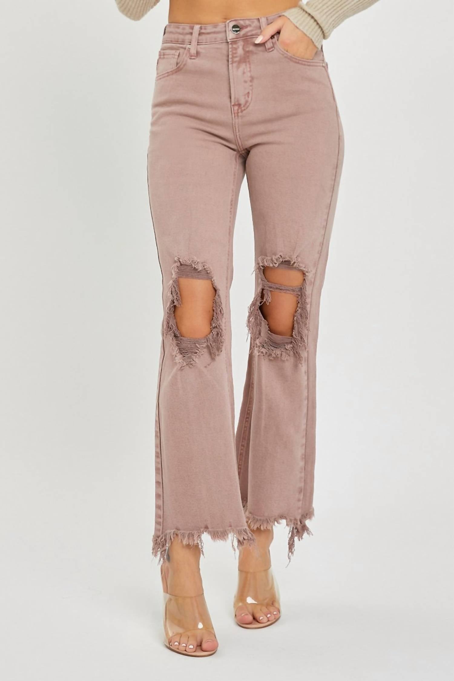 RISEN High Rise Knee Distressed Straight Pants in mauve - women's jeans - detail view
