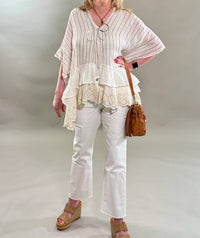 Pol - Striped Eyelet Ruffle Poncho Top