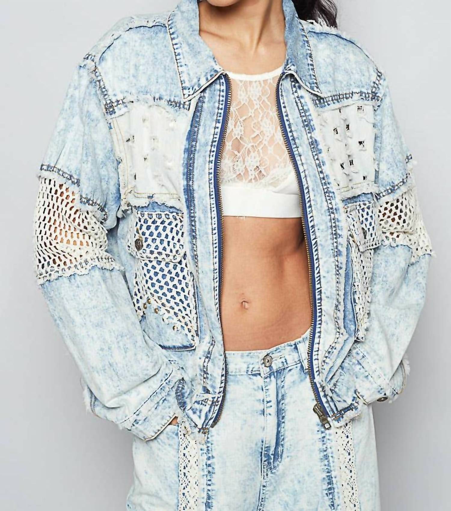 POL Long Sleeve Stud 3d Cargo Pockets Denim Jacket in multi - women's jacket - view 4