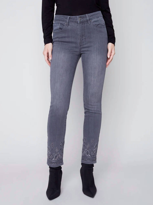 Charlie B - medium grey straight cut embellished denim pant