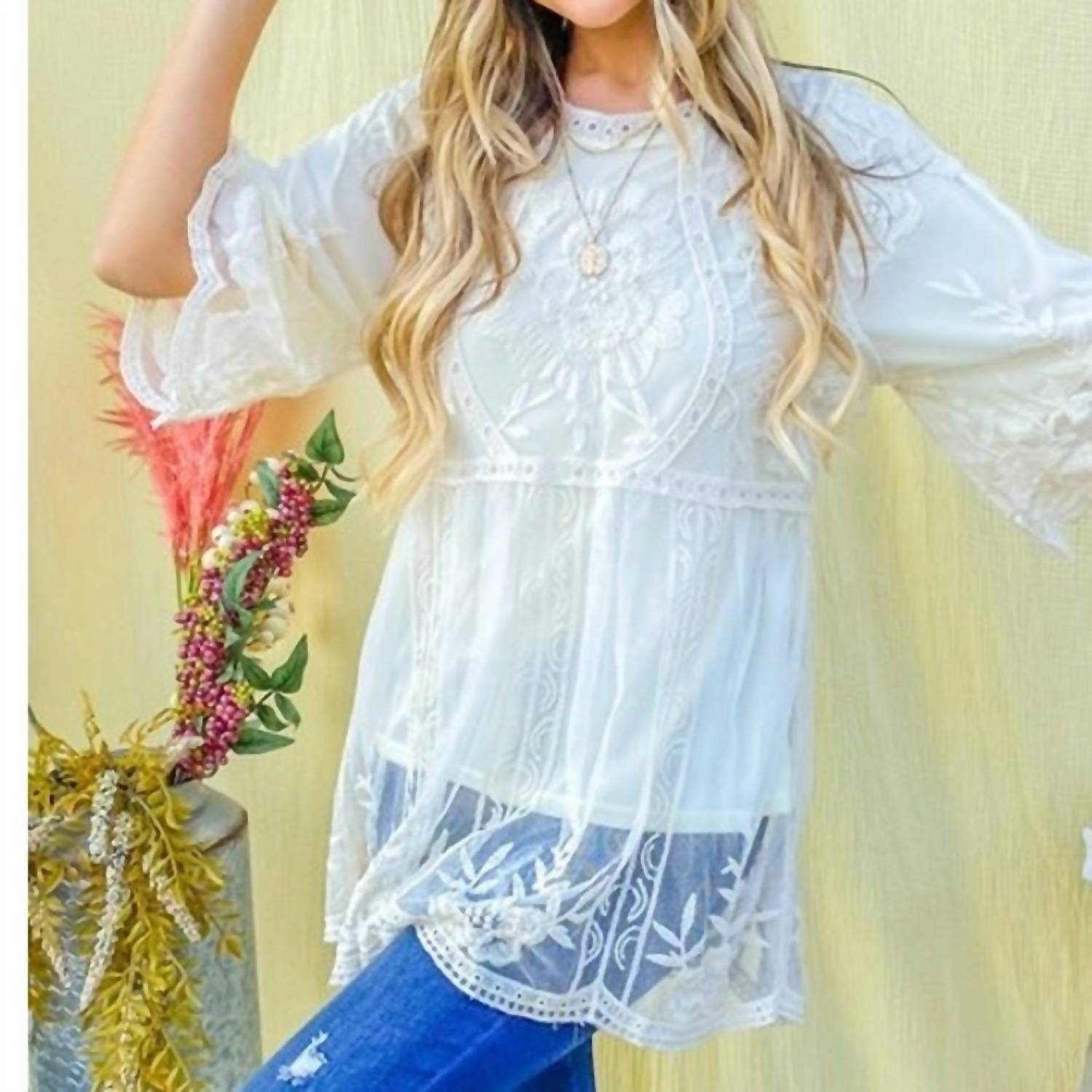 And The Why - Boho Floral Embroidered Mesh Tunic Top With Lining
