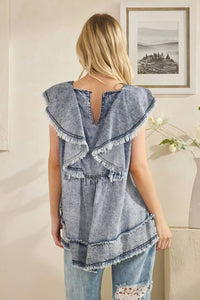 Oli & Hali - Women's Washed Ruffle Collar Tencel Sleeveless Top