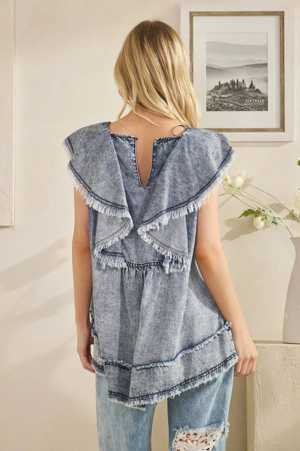 Oli & Hali - Women's Washed Ruffle Collar Tencel Sleeveless Top