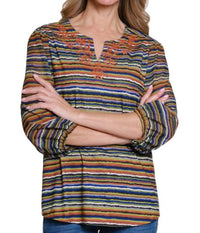 Multiples - Notch Neck Embroidered Top
