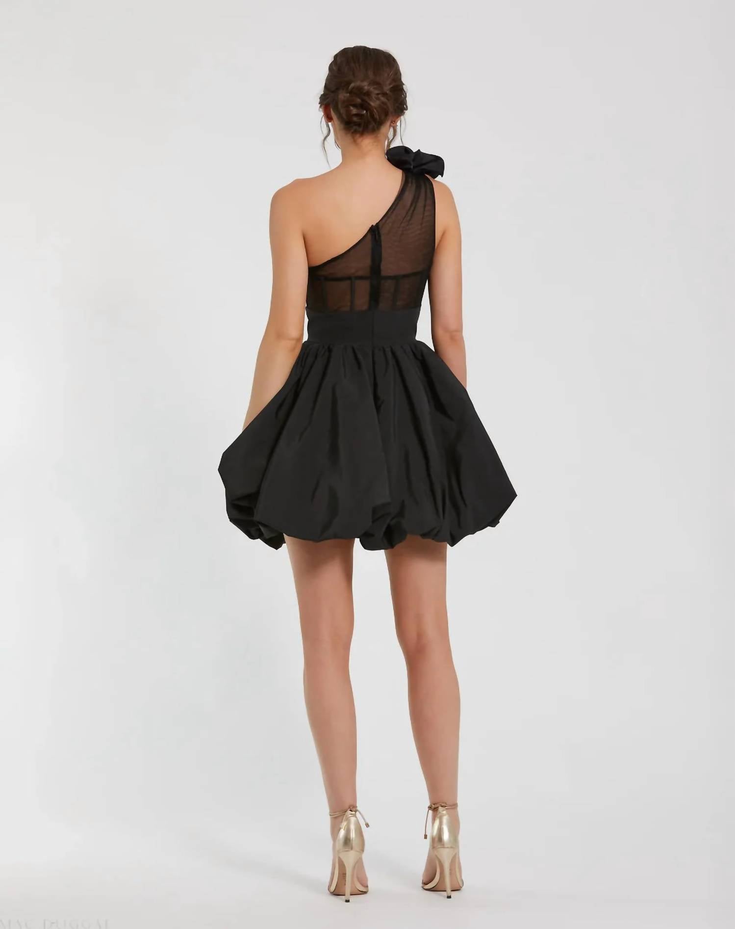 MAC DUGGAL Taffeta One Shoulder Ruffle Bubble Mini Dress in black - women's dress - detail view