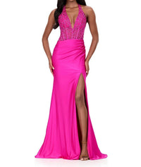ASHLEYlauren Halter Embroidered Lace Bodice Gown in fuchsia - women's dress