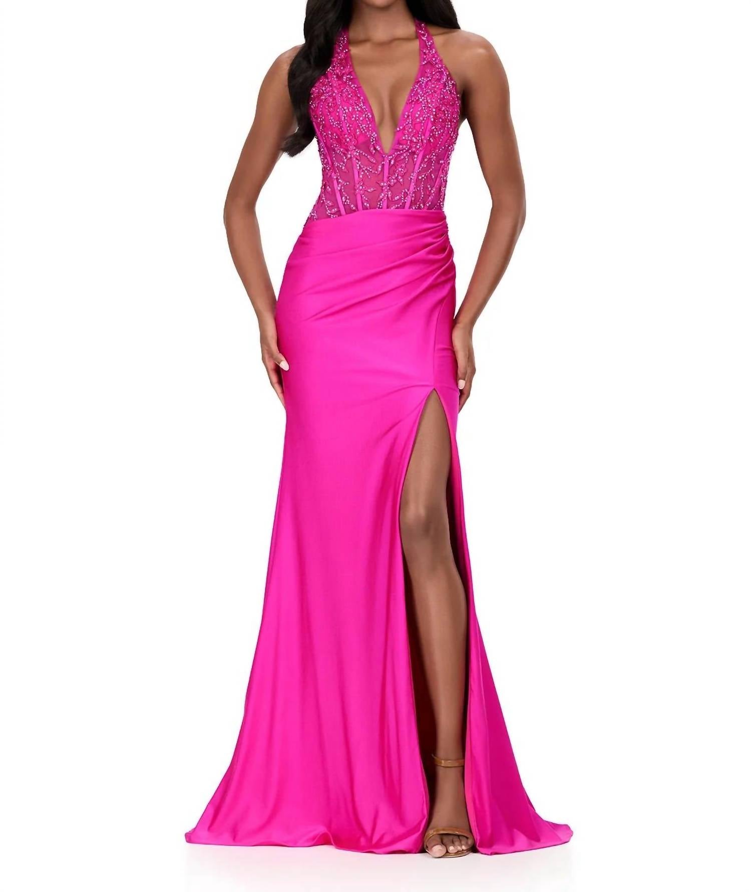ASHLEYlauren Halter Embroidered Lace Bodice Gown in fuchsia - women's dress