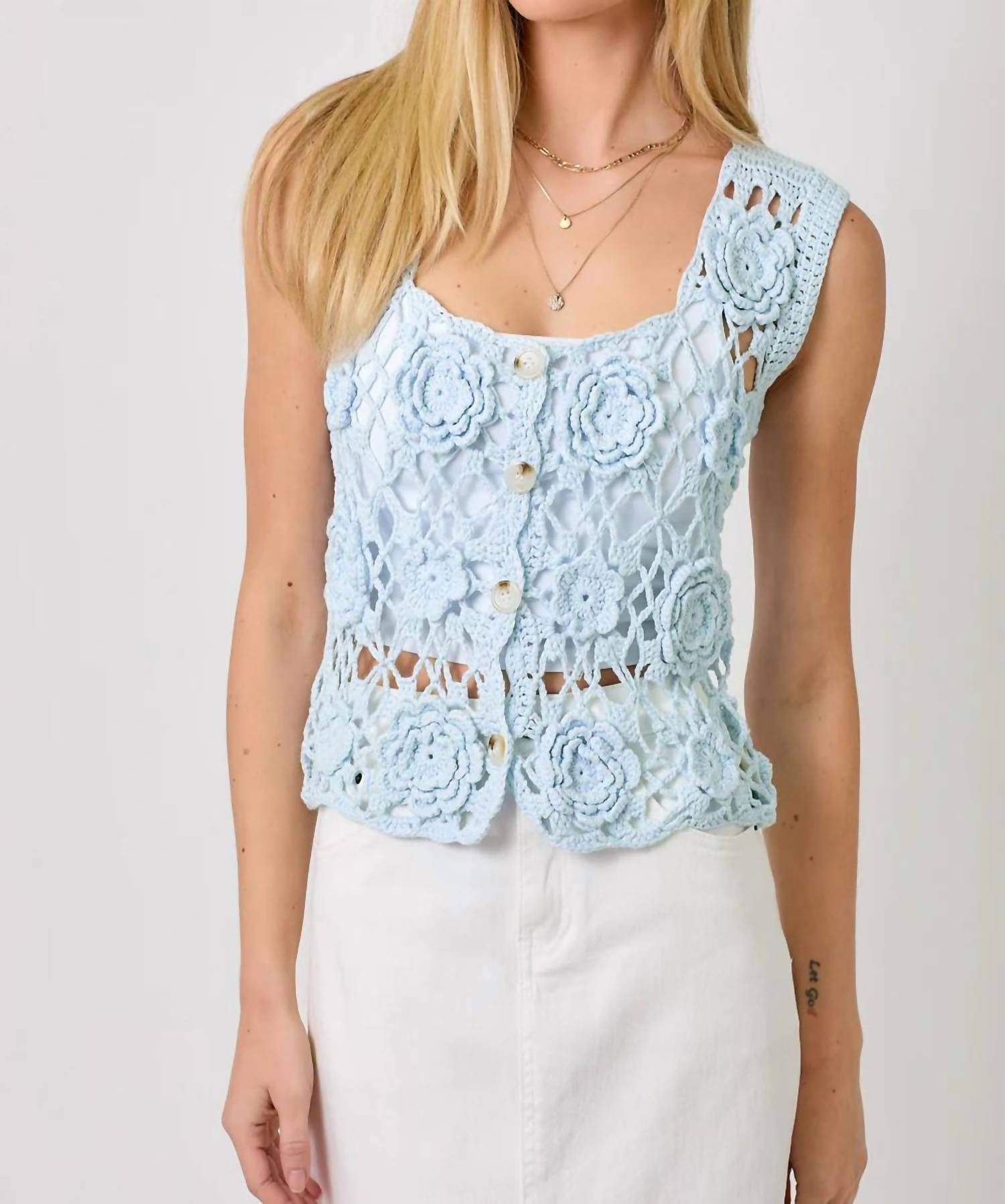 Mystree - Sleeveless Button Front Crochet Top