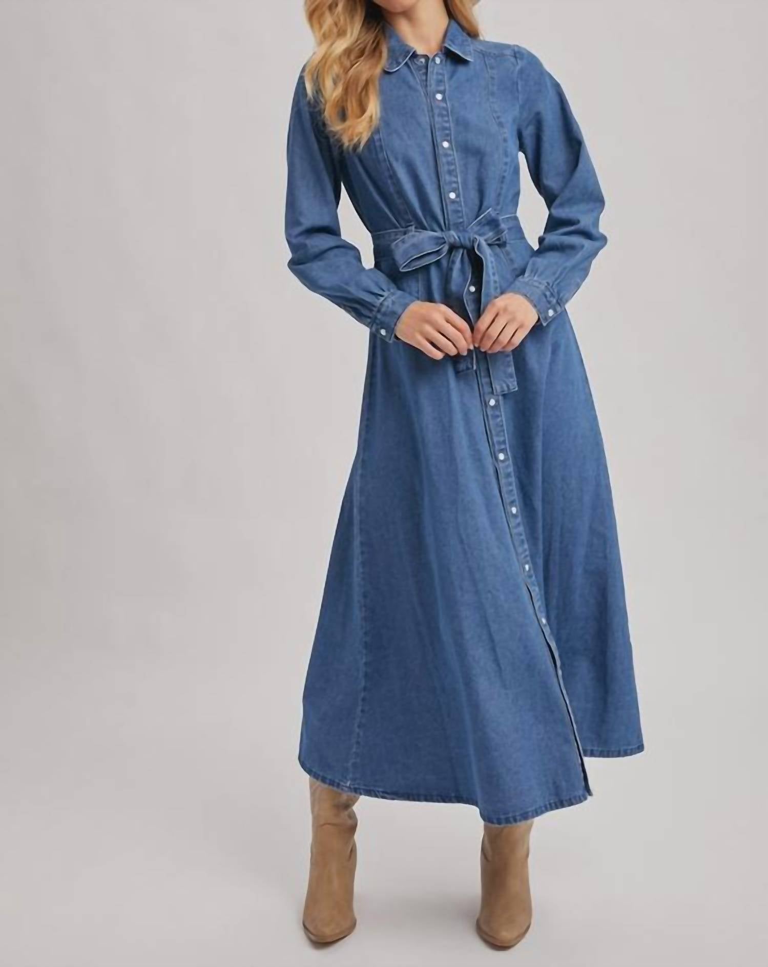 Bluivy - Denim Button Down Belted Shirt A-line Maxi Dress