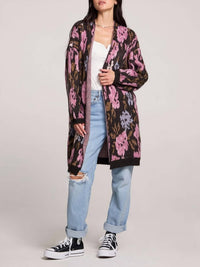 saltwater LUXE Emer Long Open Floral Cardigan in multi - women's cardigan - detail view