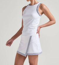 L'Oeuf Poche Mod Wrap Skort in white with navy white checkered print - women's shorts - detail view