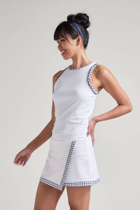 L'Oeuf Poche Mod Wrap Skort in white with navy white checkered print - women's shorts - alternate view