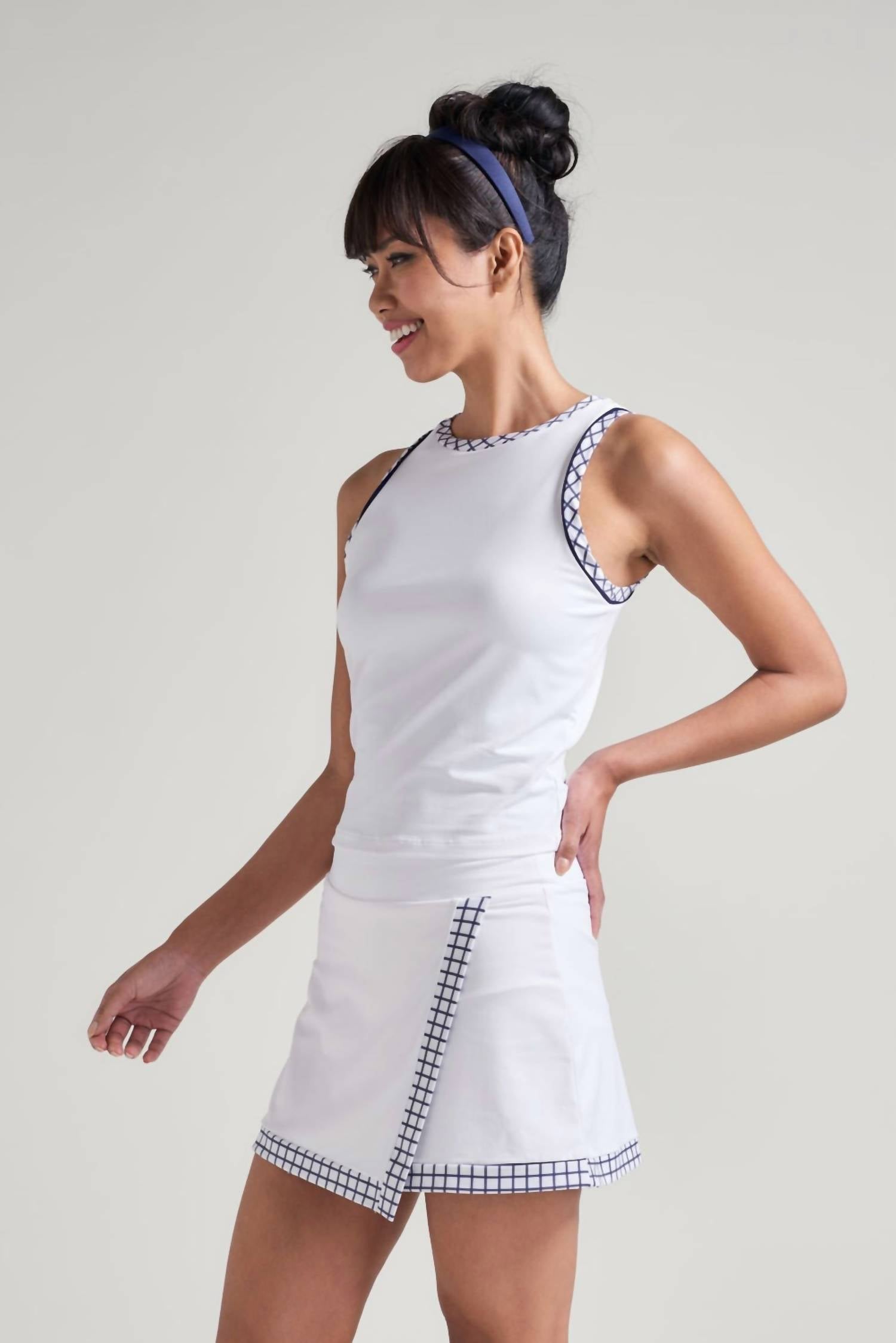 L'Oeuf Poche Mod Wrap Skort in white with navy white checkered print - women's shorts - alternate view