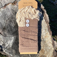 three bird nest Women's Lace Trim Boot Cuffs in brown - women's accessory - detail view