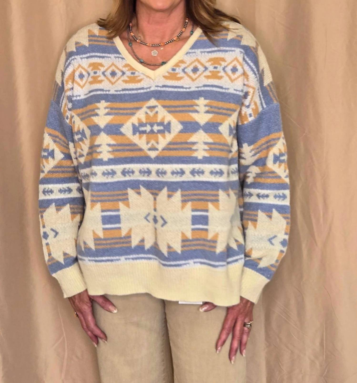 Main Strip - Southwestern V-neck Knit Sweater