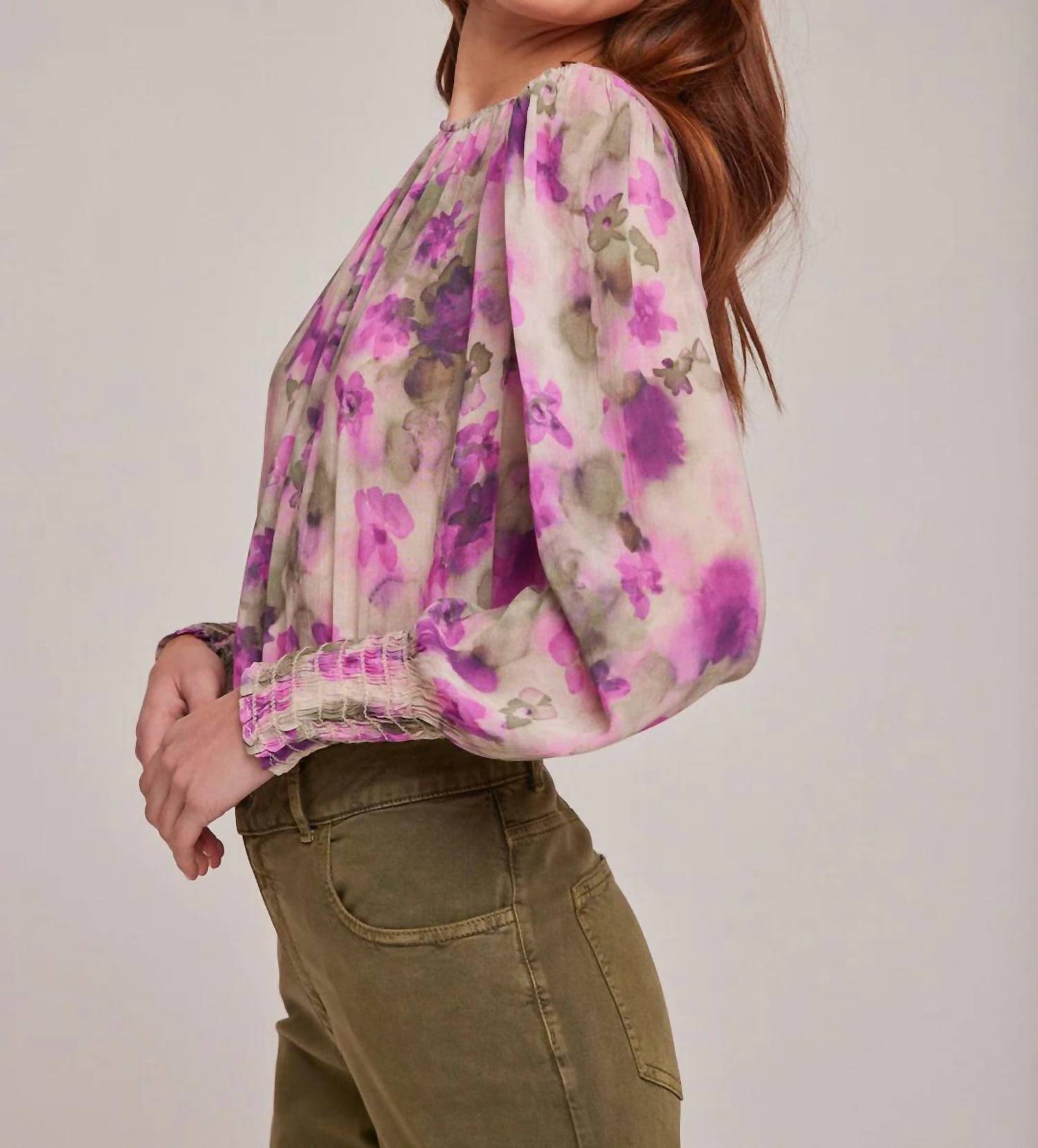 Bella Dahl Smocked Sleeve Blouse in floral camo - women's blouse - detail view
