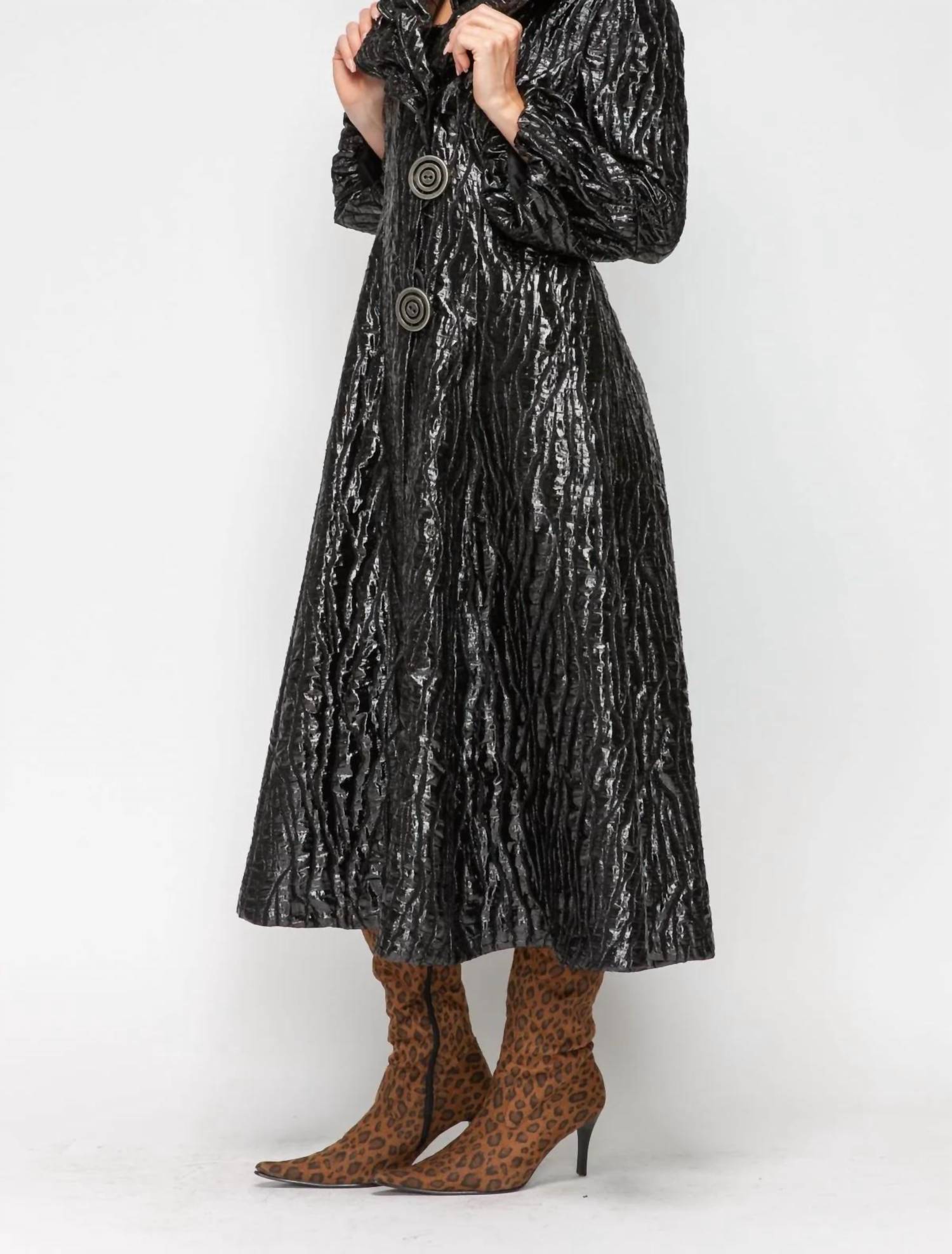 Ic Collection - Metallic Double Wire Ruffle Collar Long Blouson Sleeve Jacket