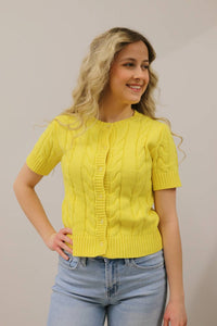 Entro - Cable Knit Short Sleeve Button Front Knit Cardigan