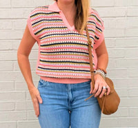 THML Short Sleeve Collared Striped Knit Top in pink - women's blouse