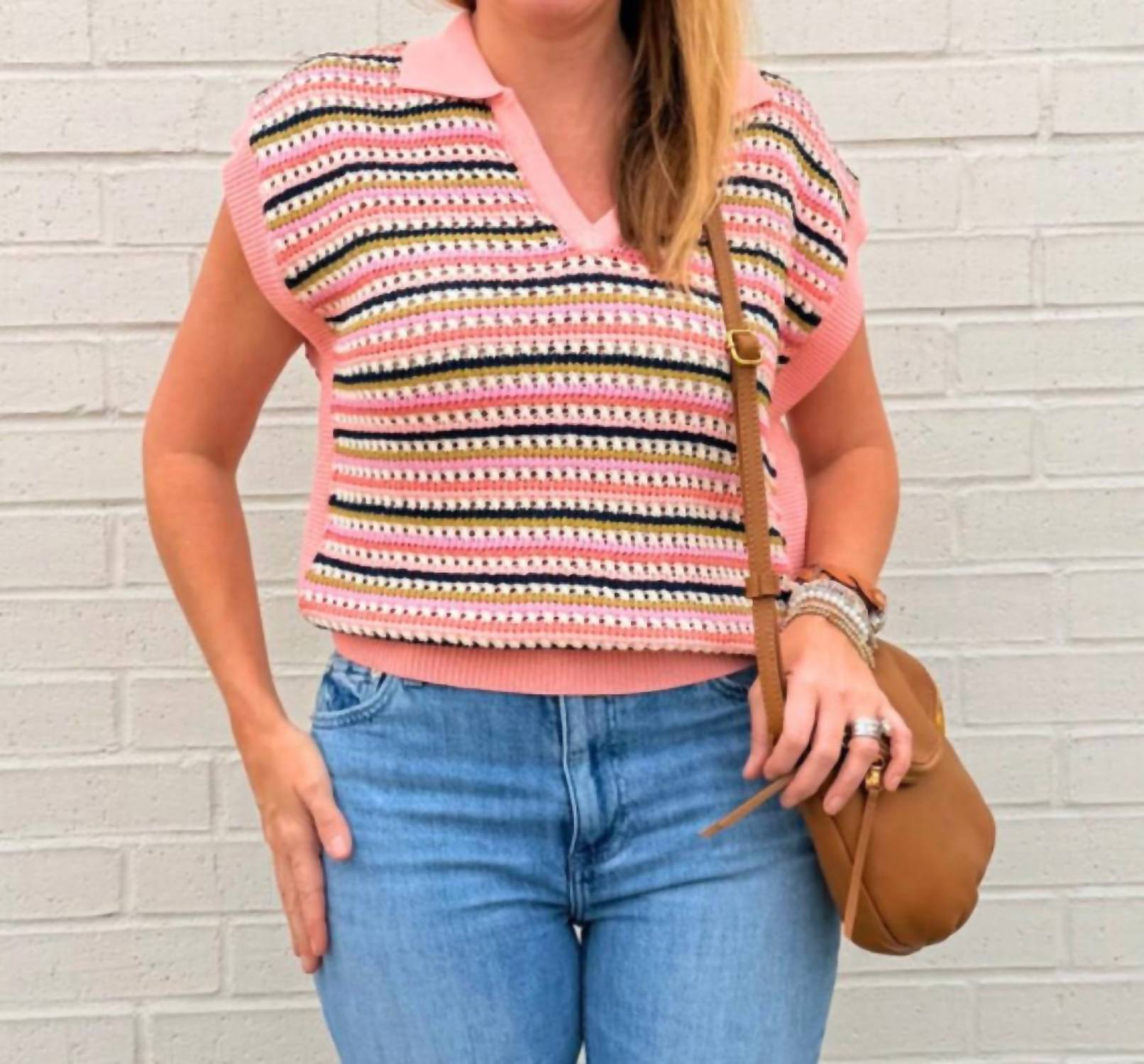 THML Short Sleeve Collared Striped Knit Top in pink - women's blouse
