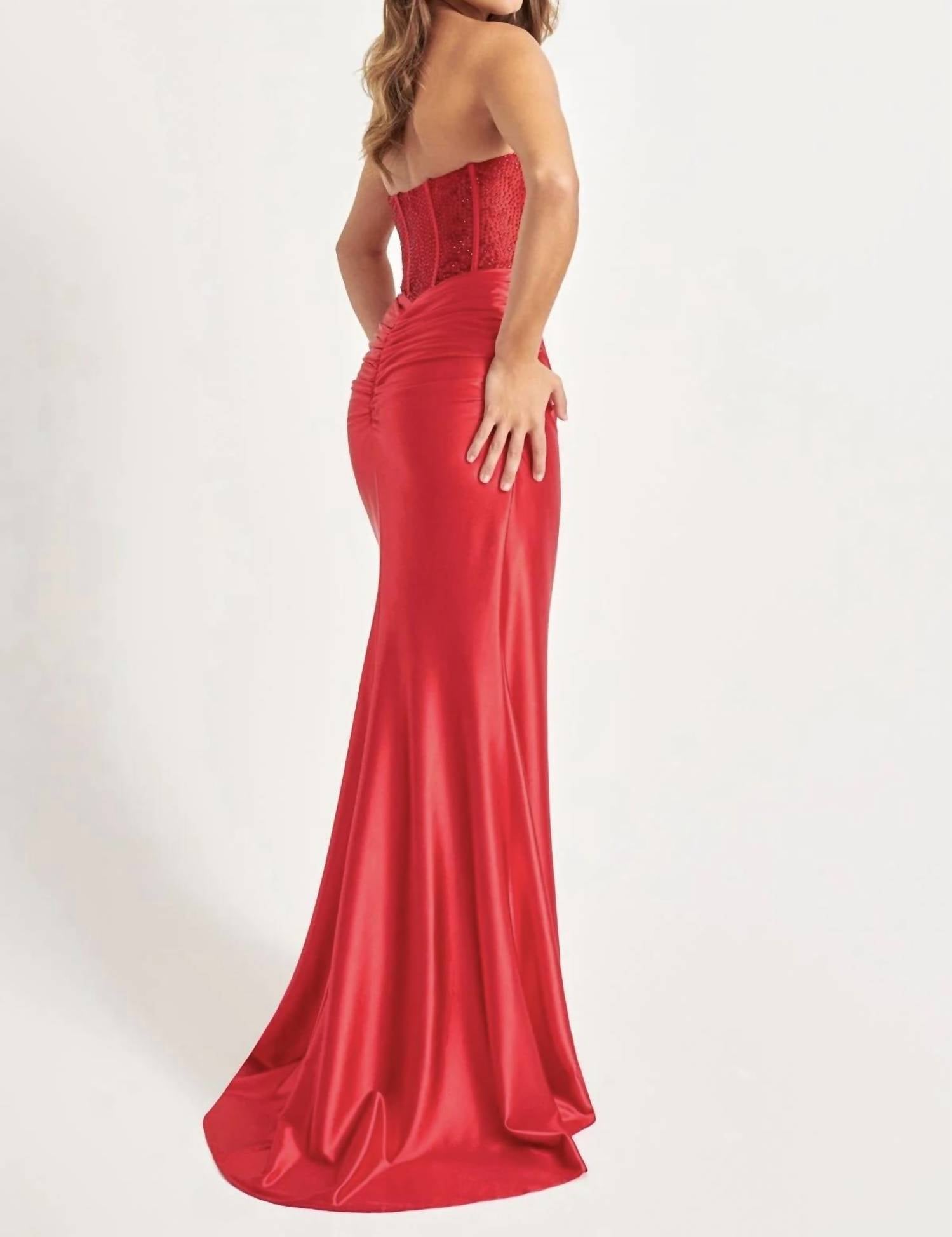Faviana - A-line High Slit Hotstone Maxi Dress
