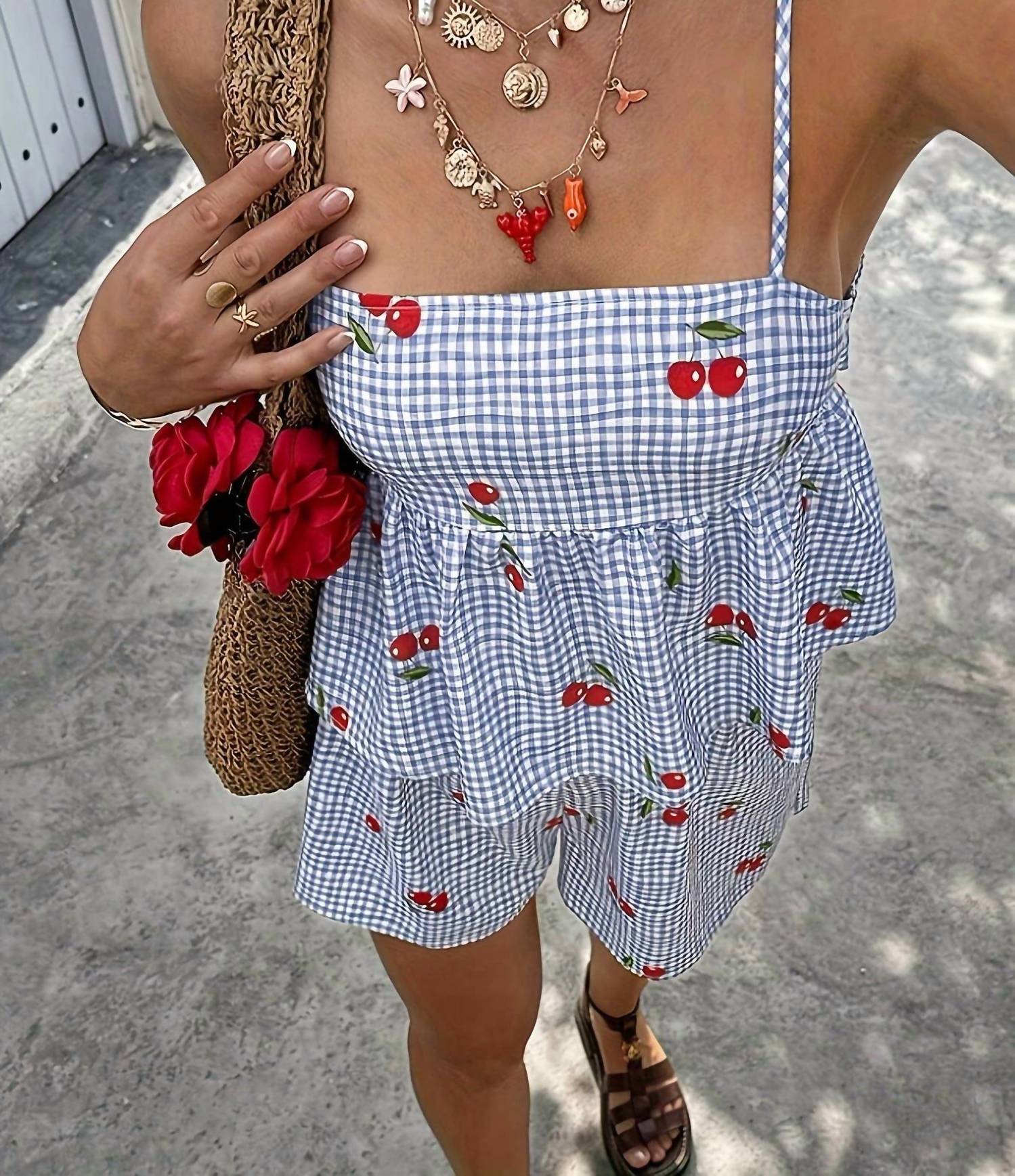 Rosa Clothing - Women's Bowtie Peplum Cami Tank Top And Short Set