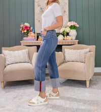 Hidden - Cuffed Tape Cropped Straight Jeans