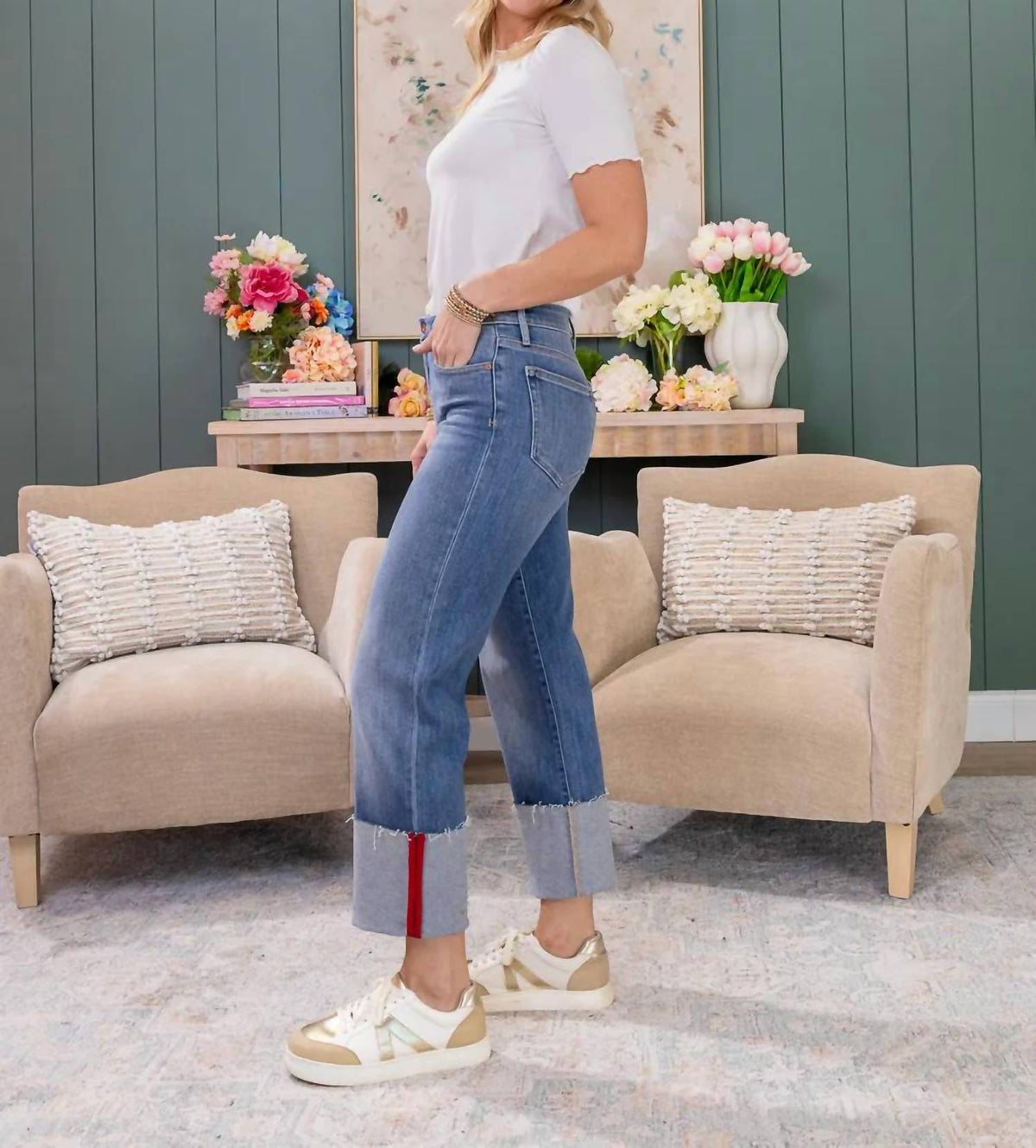 Hidden - Cuffed Tape Cropped Straight Jeans