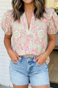 La Society - Floral Short Puff Sleeve Blouse